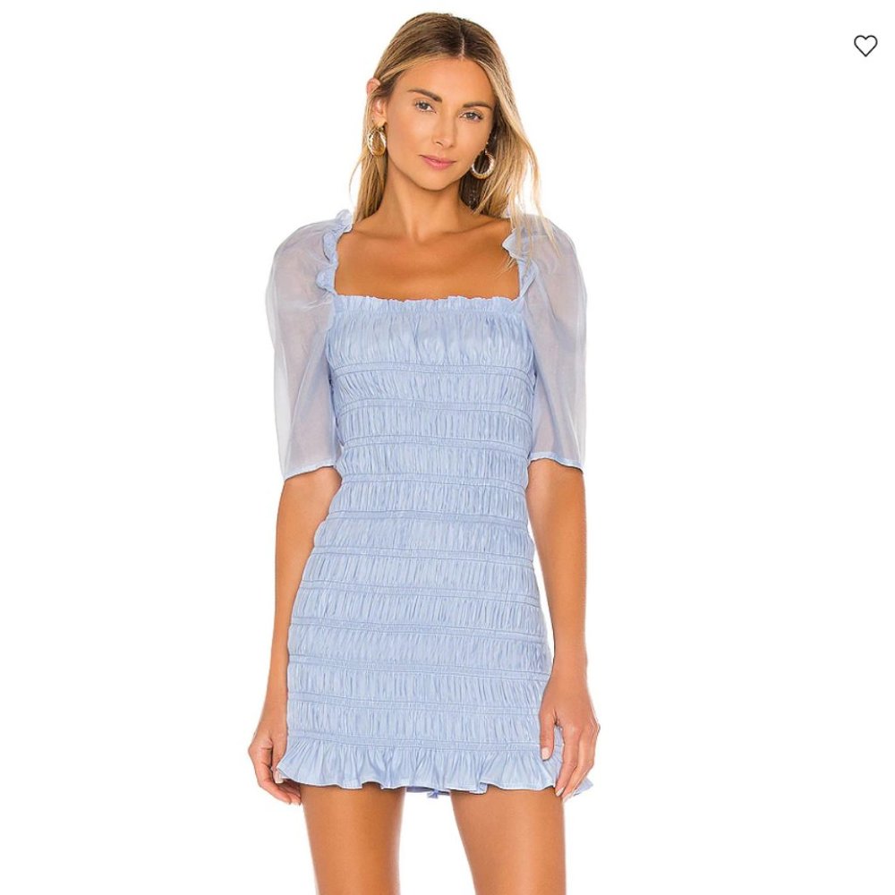 Revolve Majorelle Jex Dress - Sky Blue Rouche Mini w/ Puff Sleeves - Size Medium